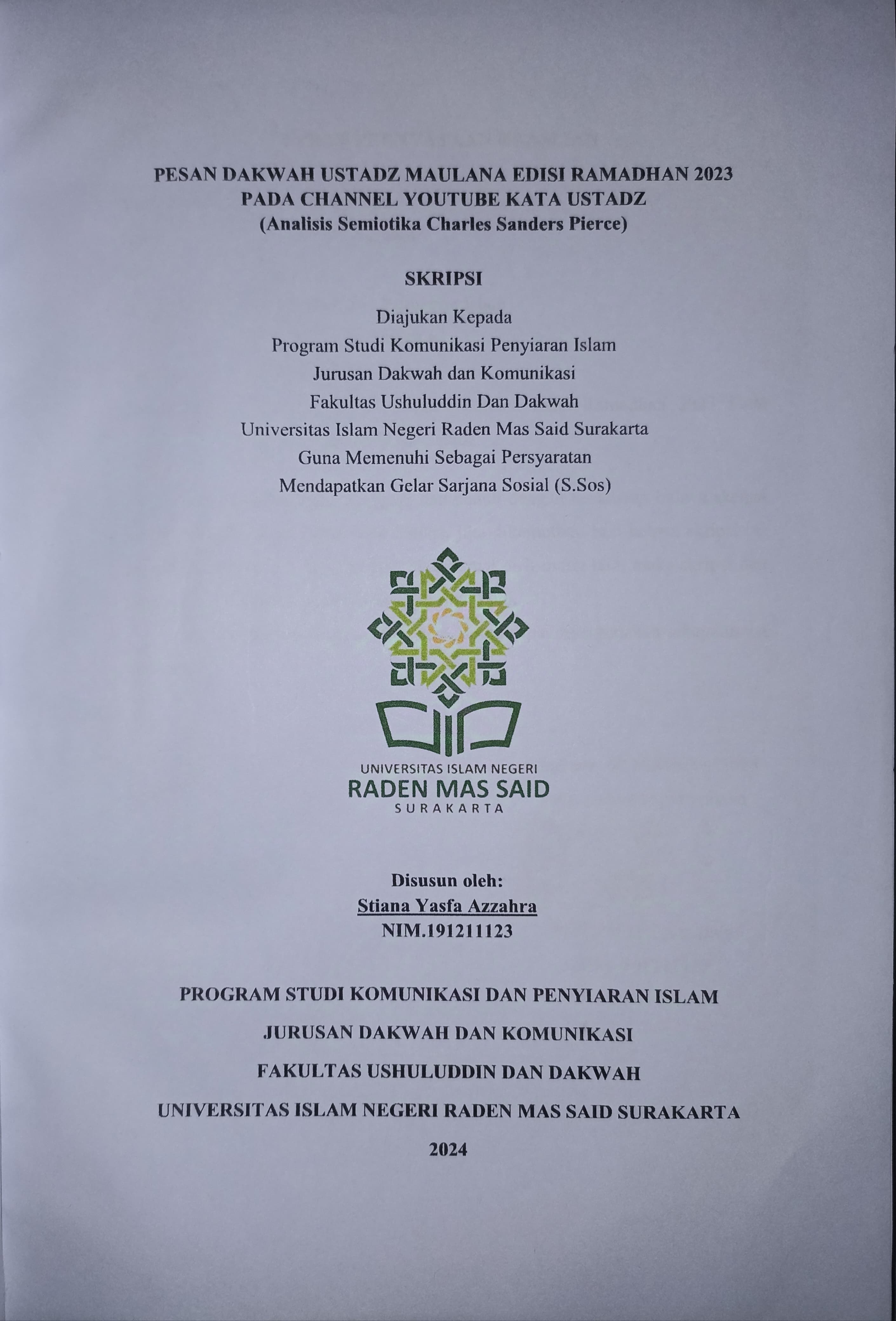 PESAN DAKWAH USTADZ MAULANA EDISI RAMADHAN 2023 PADA CHANNEL YOUTUBE KATA USTADZ (Analisis Semiotika Charles Sanders Pierce)